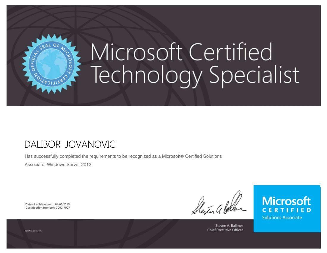 Microsoft sertifikat MCSA: Windows Server 2012 na ime Dalibor Jovanović