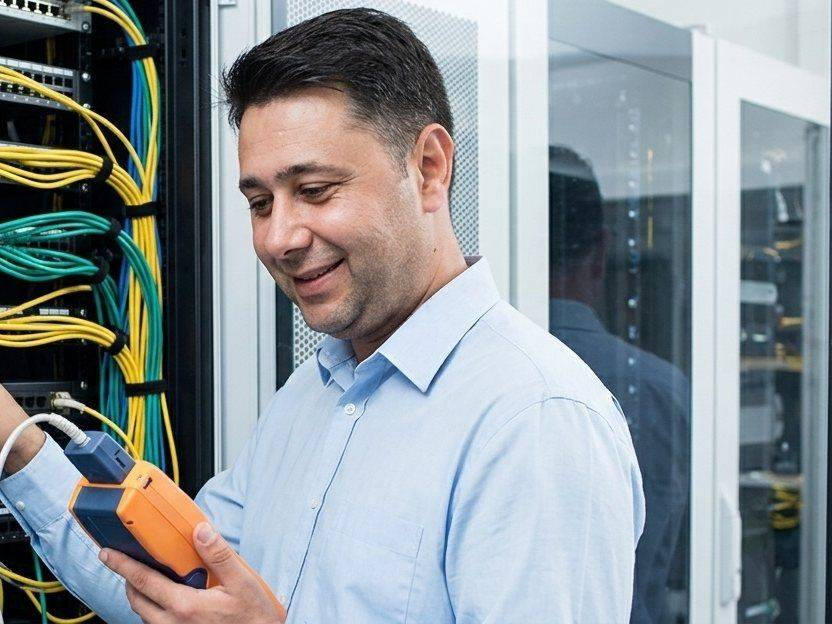 Dalibor Jovanović, osnivač firme Cimnet Solution, sa mrežnim testerom pored rack ormana